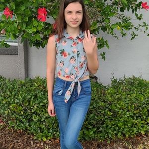 blue and pink flower button up blouse